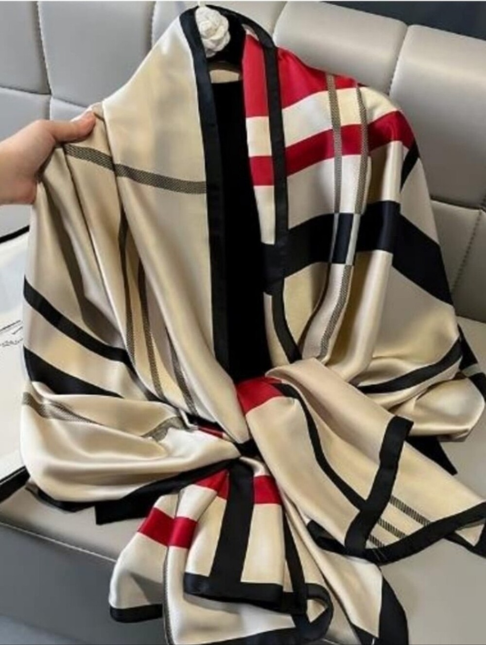 Classic Plaid Satin Scarf - Beige, Black & Red
